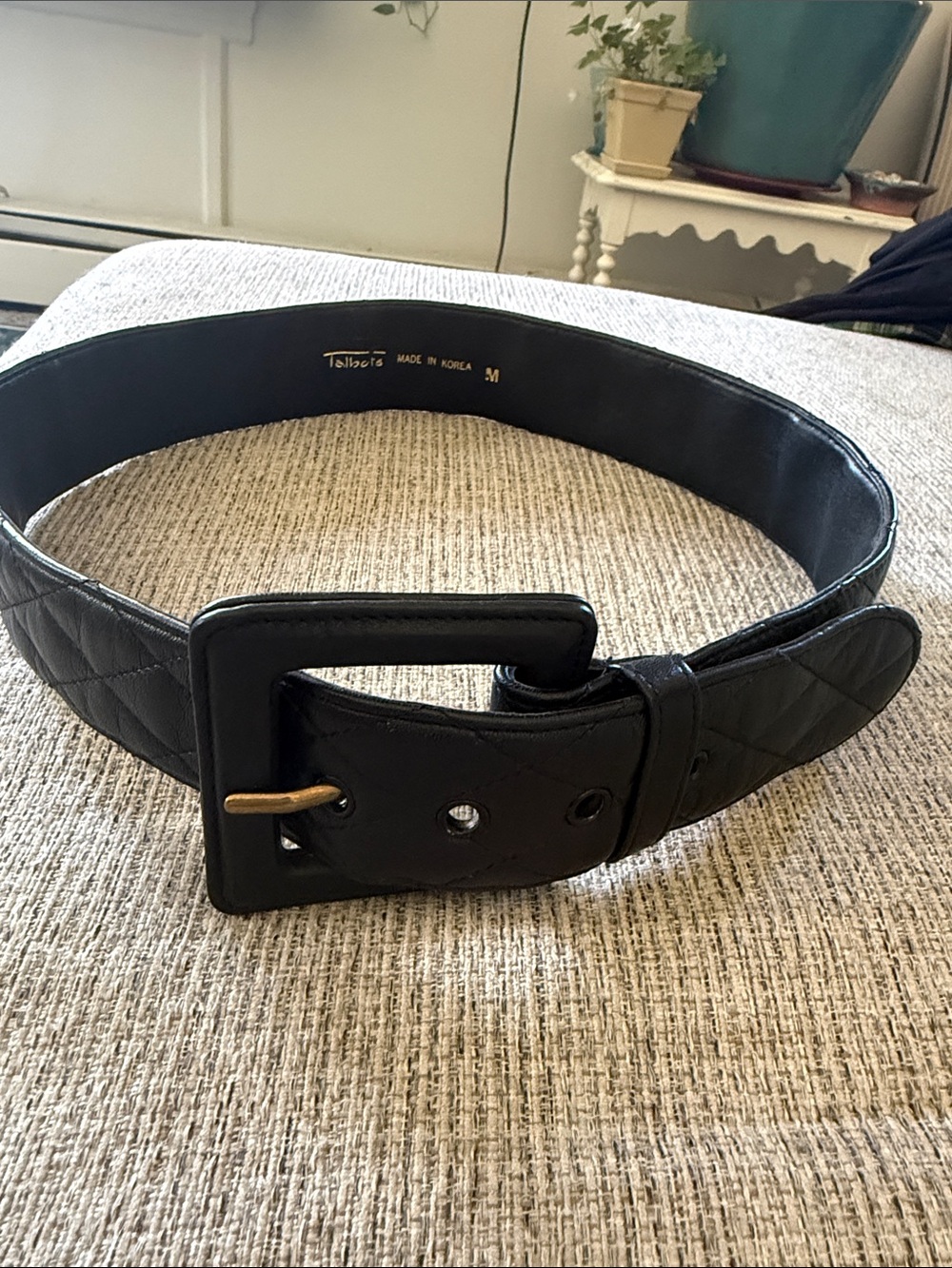Talbots Black Quilted Wide Leather Belt with Gold-Tone Tongue